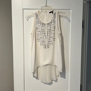 BCBG white silk tank top size XS open/sheer back, metal beading on front
